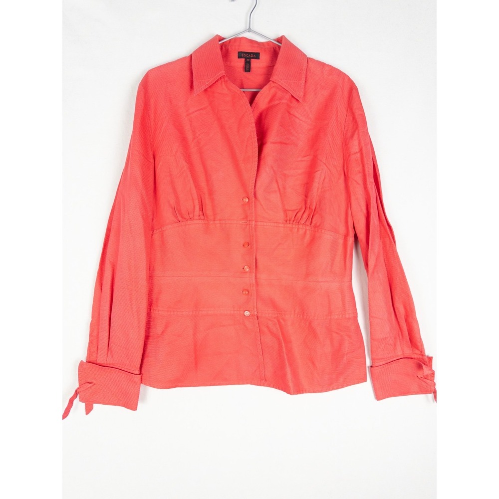 Escada Shirt Womens 40 Coral Button Up Strap Cotton Collared‎ Textured Tiered